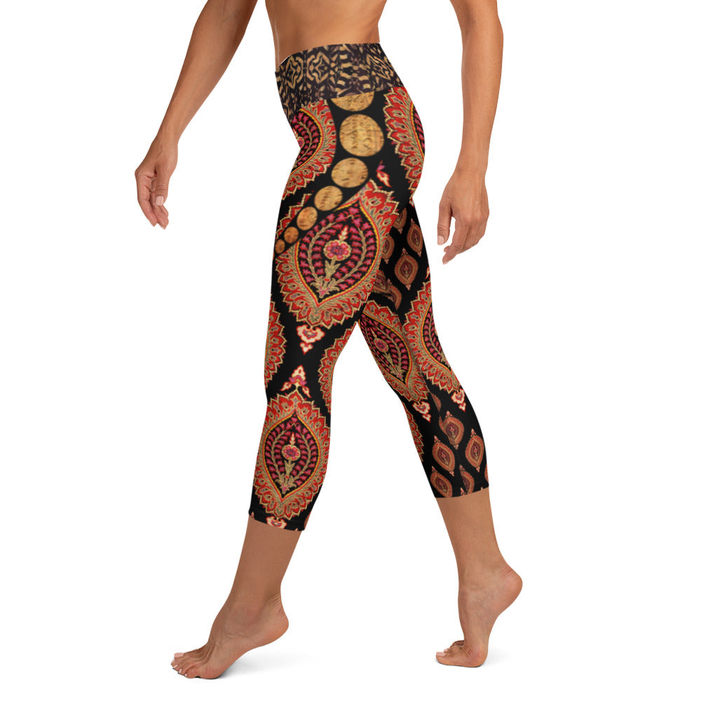 Boho Retro Yoga Capri Leggings (AOP) - AI Art Design Print, Workout Leggings